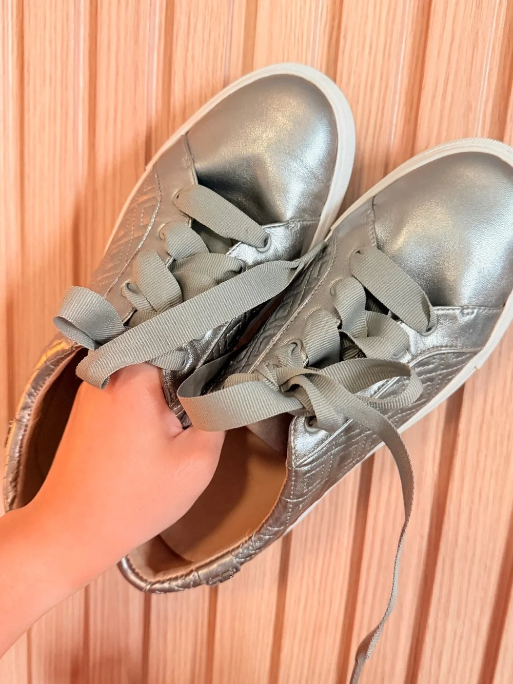 Tory Burch Metallic Silver Quilted Lace-Up Sneakers
